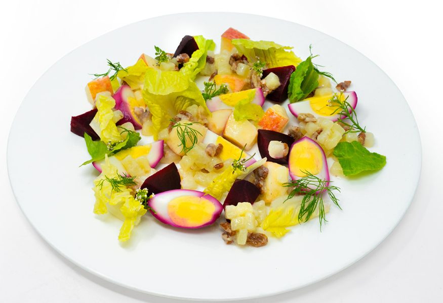 Waldorf salad with eggs and pickled beets Pennsylvania style