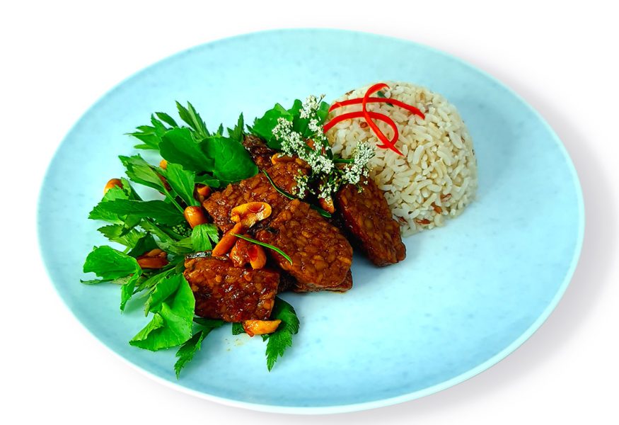 Spiced peanut tempeh with brown rice and ulam