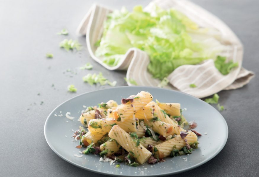 Tortiglioni pasta with endives and olives